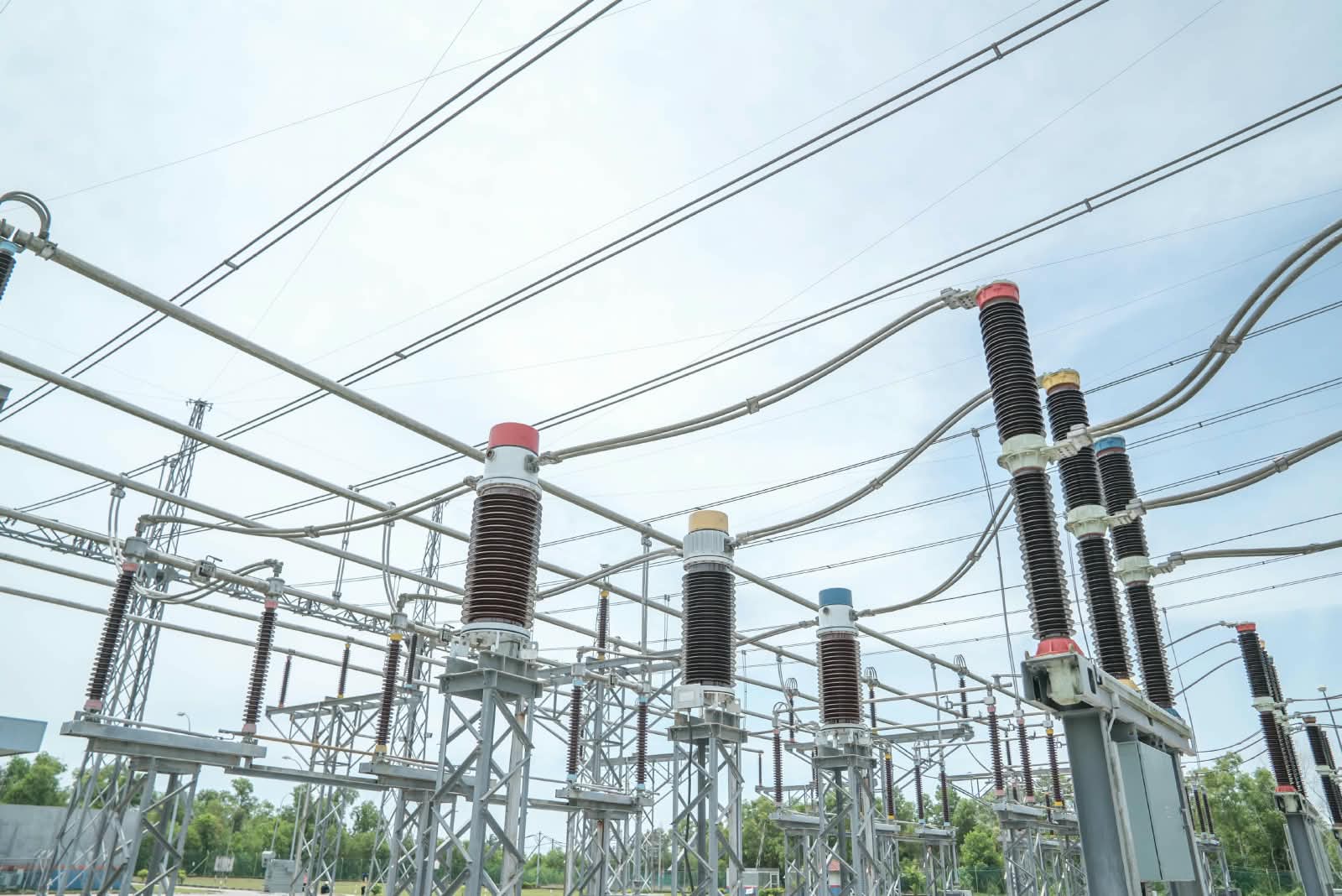 High voltage insulators and busbars at a substation